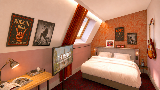 Visualisierung Dachzimmer | The MEADOW Hotel Gronau Visualisierung eines Dachzimmers mit Doppelbett und Rock-'n'-Roll-Designelementen im The MEADOW Hotel Gronau by Hackmann.