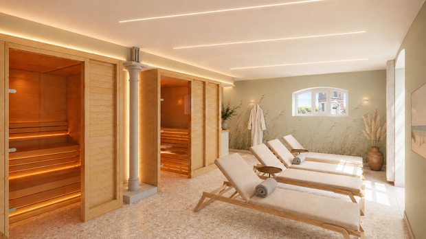 Visualisierung Sauna und Ruhebereich | The MEADOW Hotel Gronau Visualisierung des Ruhebereichs mit Saunen und Liegen im The MEADOW Hotel Gronau by Hackmann.
