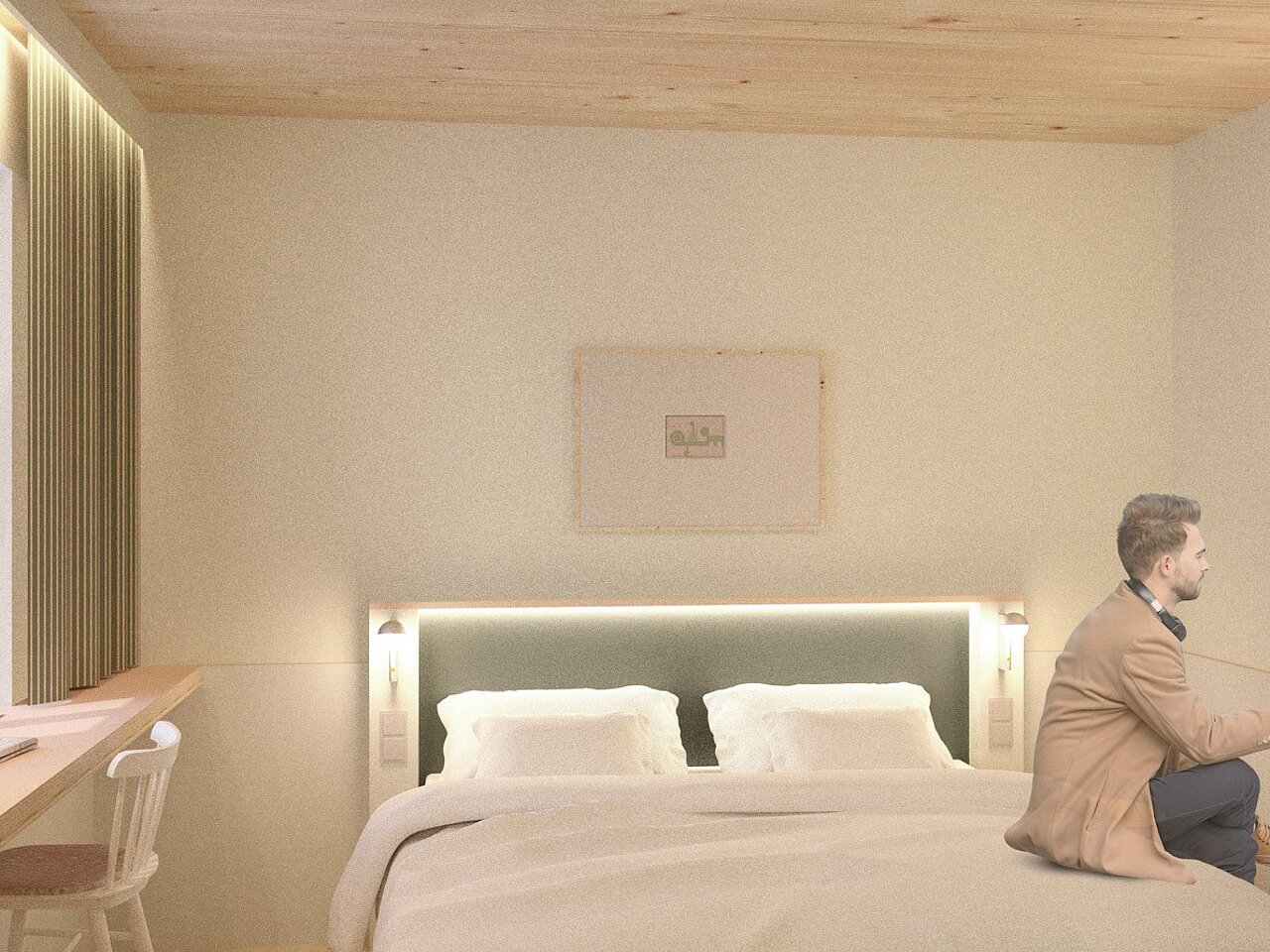 Visualization of a modern guest room at The MEADOW Hotel Gronau by Hackmann featuring bright design and a welcoming atmosphere.