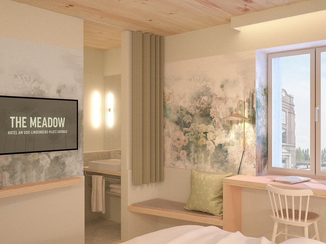 Visualization of a spacious guest room with lounge area, sofa, and modern interior at The MEADOW Hotel Gronau by Hackmann.