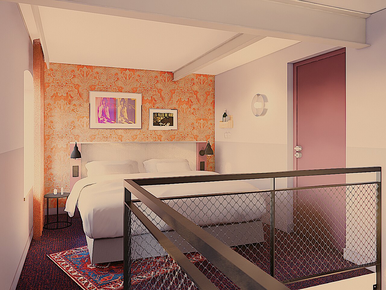 Visualization of the upper sleeping level of a maisonette room with double bed at The MEADOW Hotel Gronau by Hackmann.