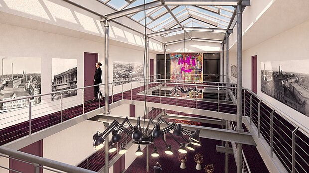 Visualisierung Atrium | The MEADOW Hotel Gronau Visualisierung des lichtdurchfluteten Atriums mit Glasdach im The MEADOW Hotel Gronau by Hackmann.
